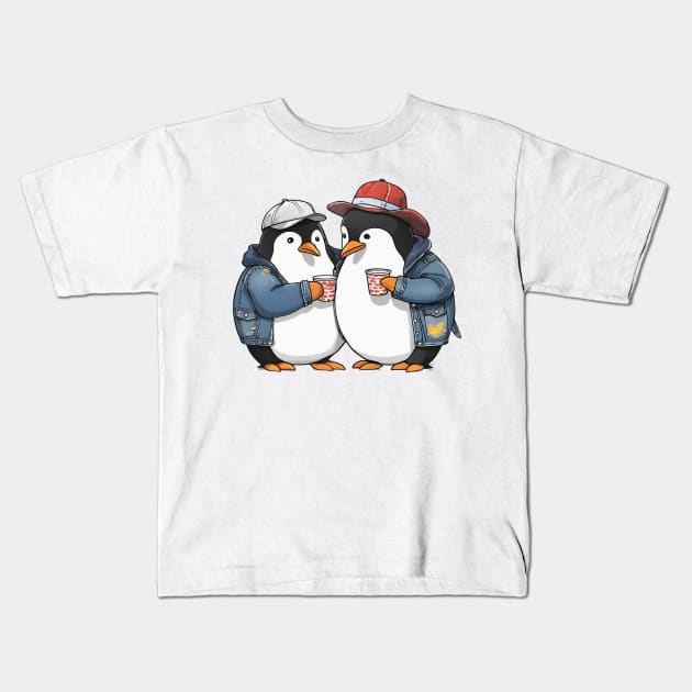 2 penguins wearing a denim jacket and hats holding cups Kids T-Shirt by JnS Merch Store